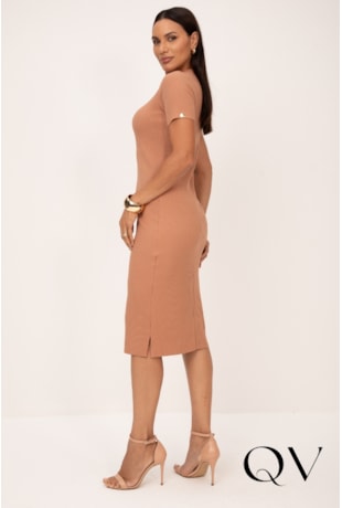 VESTIDO RETO EM MALHA CANELADA MOCHA MOUSE - LEKAZIS