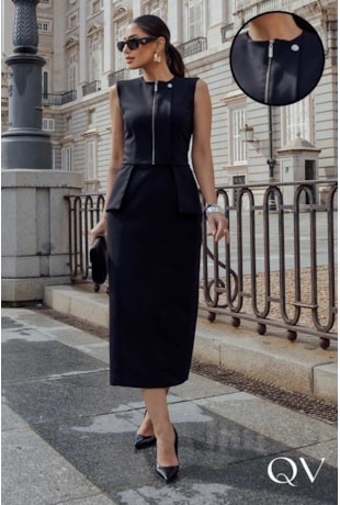 VESTIDO RETO EM PONTO ROMA PEPLUM PRETO - LUZIA FAZZOLLI