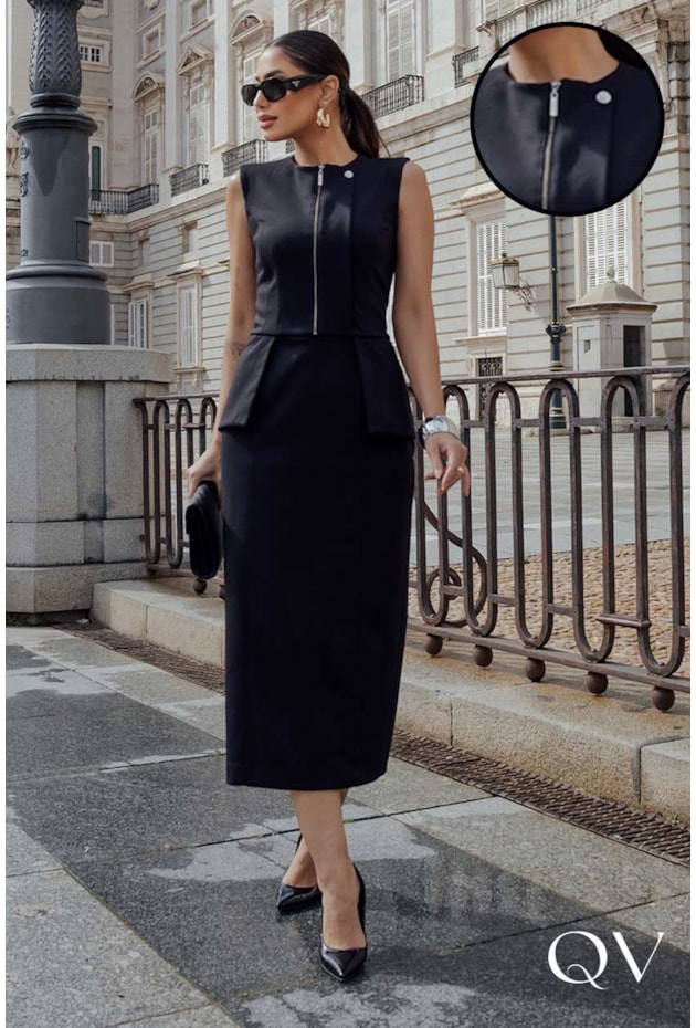 VESTIDO RETO EM PONTO ROMA PEPLUM PRETO - LUZIA FAZZOLLI