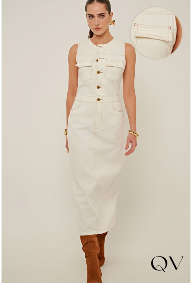 VESTIDO SLIM EM SARJA MIDI OFF WHITE - LINDA DE MORRER