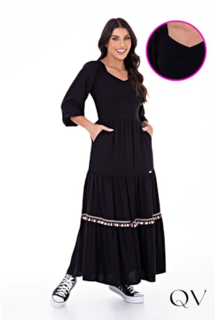 VESTIDO TECIDO PLANO COM RECORTE MARIAS PRETO - HAPUK