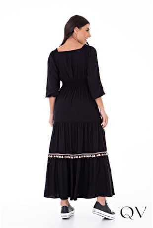 VESTIDO TECIDO PLANO COM RECORTE MARIAS PRETO - HAPUK