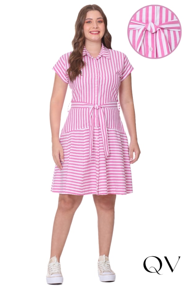 VESTIDO TECIDO PLANO LISTRADO PINK - HAPUK