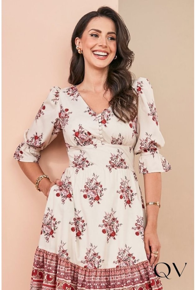 VESTIDO TOQUE DE SEDA COM PALA FLORAL - JANY PIM