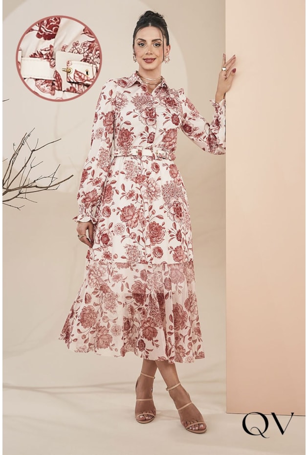 VESTIDO TOQUE DE SEDA E TULE FLORAL VERMELHO - JANY PIM