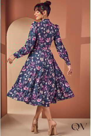 VESTIDO TOQUE DE SEDA FLORAL AZUL MARINHO - JANY PIM