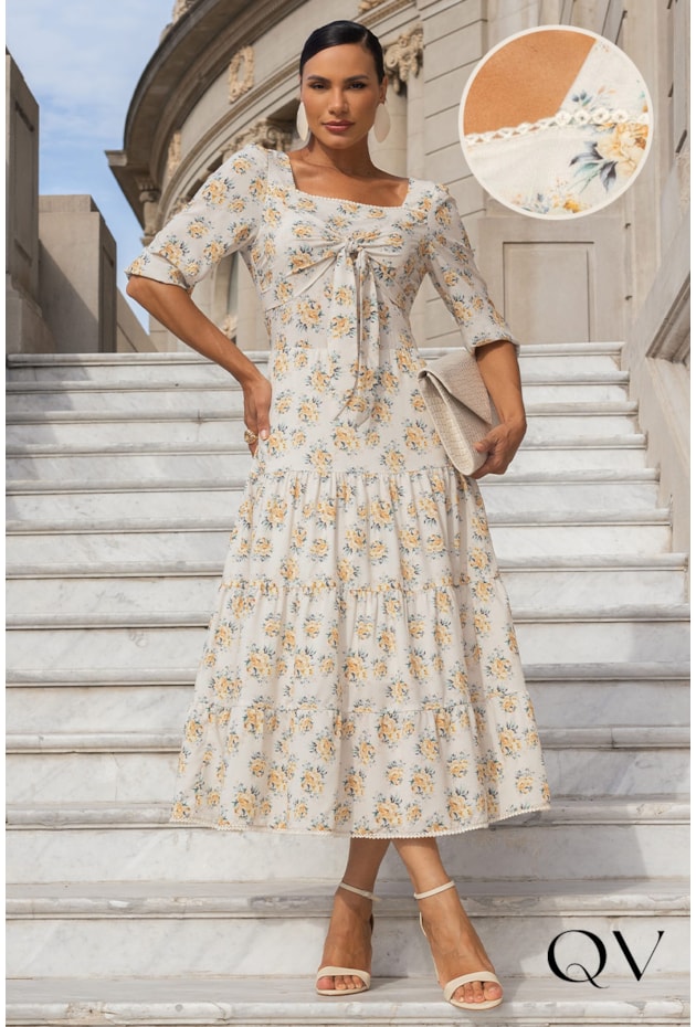 VESTIDO TOQUE DE SEDA FLORAL CREME - JANY PIM VESTIDO TOQUE DE SEDA FLORAL CREME - JANY PIM