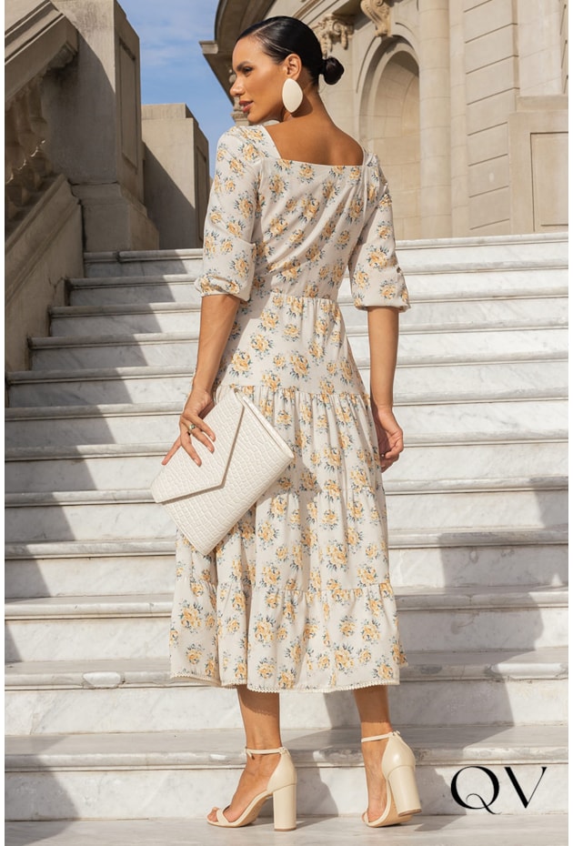 VESTIDO TOQUE DE SEDA FLORAL CREME - JANY PIM VESTIDO TOQUE DE SEDA FLORAL CREME - JANY PIM