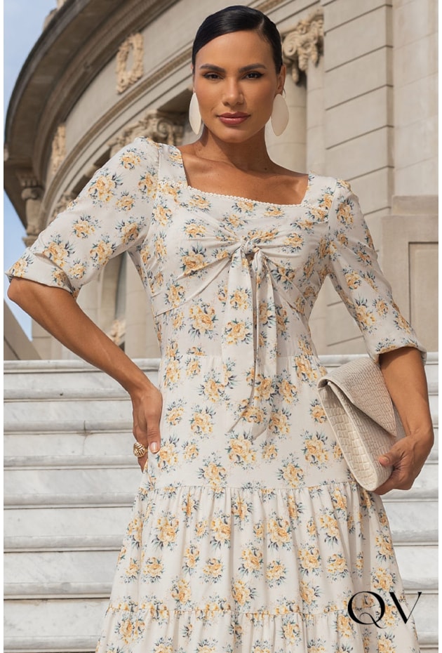 VESTIDO TOQUE DE SEDA FLORAL CREME - JANY PIM VESTIDO TOQUE DE SEDA FLORAL CREME - JANY PIM