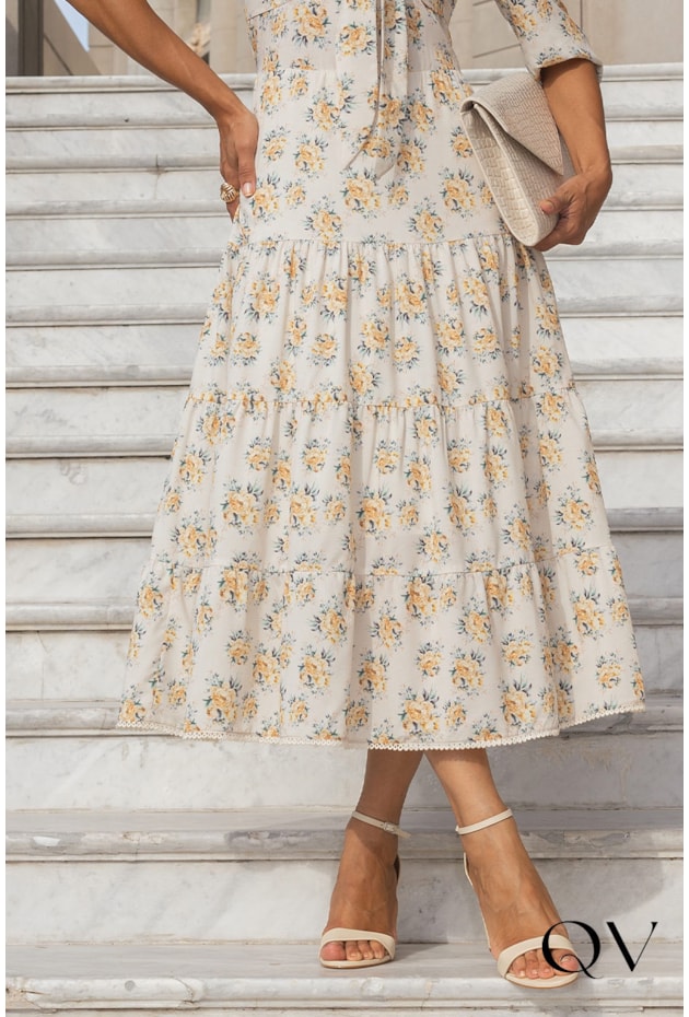 VESTIDO TOQUE DE SEDA FLORAL CREME - JANY PIM VESTIDO TOQUE DE SEDA FLORAL CREME - JANY PIM