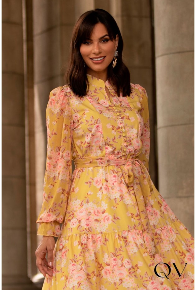 VESTIDO TOQUE DE SEDA GOLA PADRE FLORAL - JANY PIM VESTIDO TOQUE DE SEDA GOLA PADRE FLORAL - JANY PIM