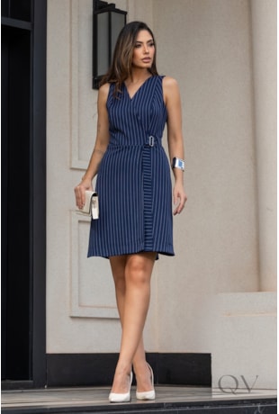 VESTIDO TRANSPASSADO RISCA DE GIZ EM ALFAIATARIA AZUL MARINHO - LUZIA FAZZOLLI