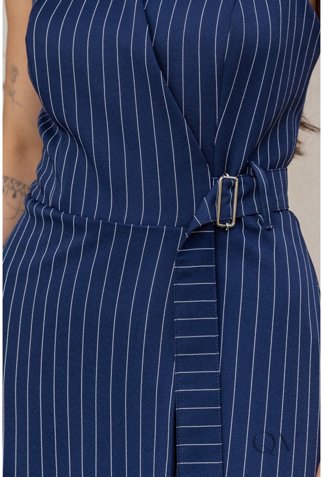 VESTIDO TRANSPASSADO RISCA DE GIZ EM ALFAIATARIA AZUL MARINHO - LUZIA FAZZOLLI