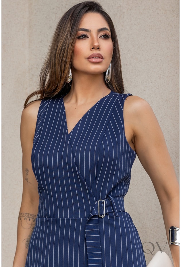 VESTIDO TRANSPASSADO RISCA DE GIZ EM ALFAIATARIA AZUL MARINHO - LUZIA FAZZOLLI