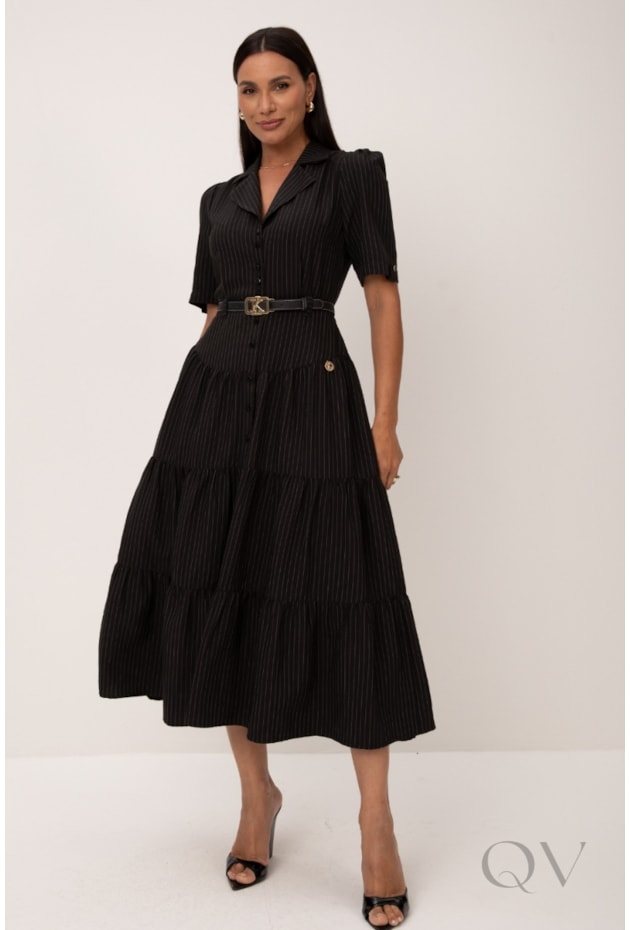 VESTIDO TRÊS MARIAS MIDI EM RISCA DE GIZ PRETO - LEKAZIS