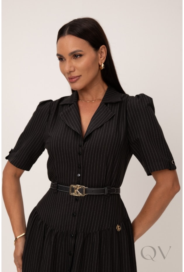 VESTIDO TRÊS MARIAS MIDI EM RISCA DE GIZ PRETO - LEKAZIS