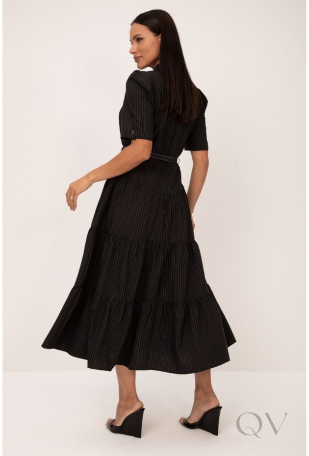 VESTIDO TRÊS MARIAS MIDI EM RISCA DE GIZ PRETO - LEKAZIS