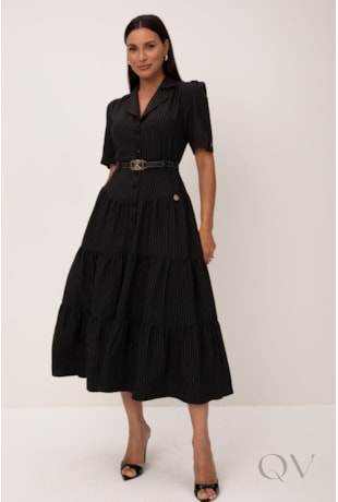 VESTIDO TRÊS MARIAS MIDI EM RISCA DE GIZ PRETO - LEKAZIS