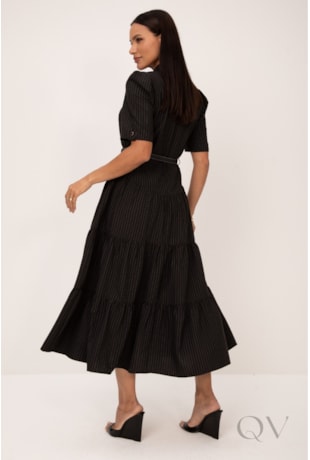 VESTIDO TRÊS MARIAS MIDI EM RISCA DE GIZ PRETO - LEKAZIS