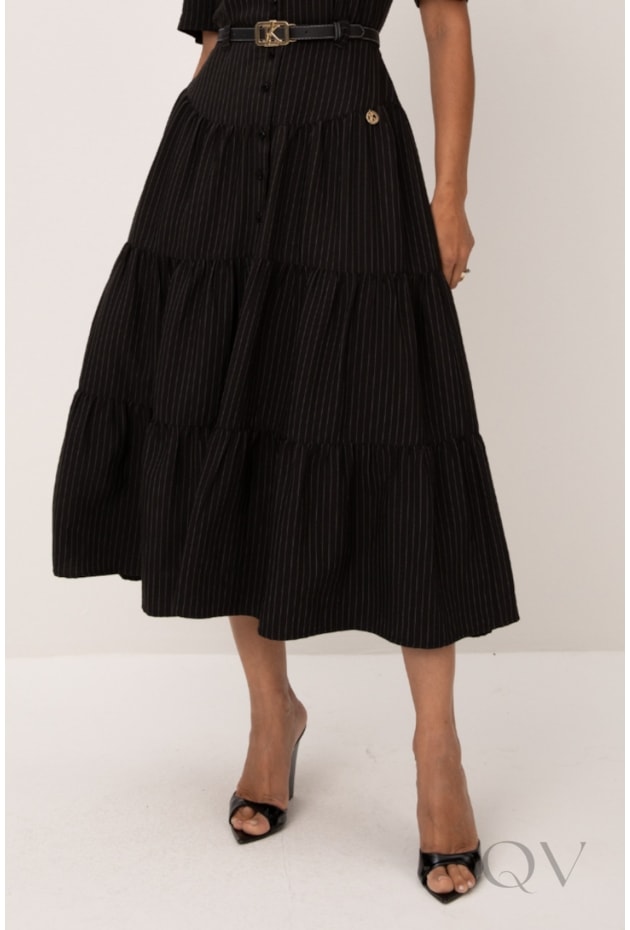 VESTIDO TRÊS MARIAS MIDI EM RISCA DE GIZ PRETO - LEKAZIS