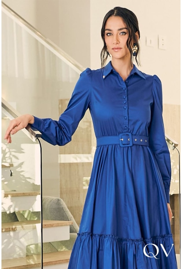 VESTIDO TRICOLINE ALFAIATARIA AZUL - JANY PIM