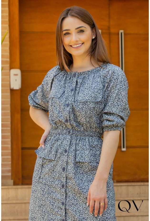 VESTIDO TRICOLINE COM BOTÕES FLORAL - VALENTINA SIRRAH VESTIDO TRICOLINE COM BOTÕES FLORAL - VALENTINA SIRRAH