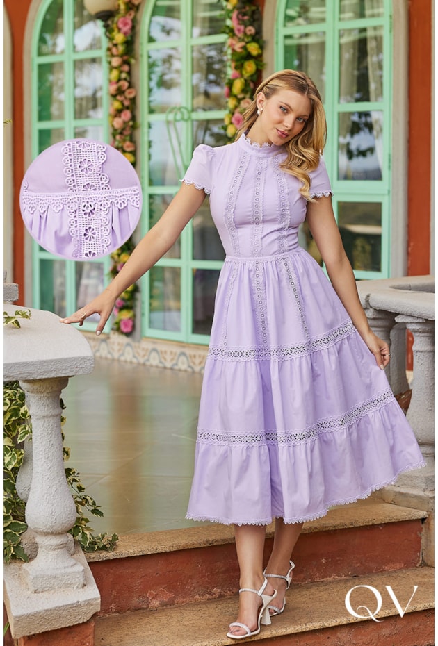 VESTIDO TRICOLINE COM GUIPIR LILÁS - DOCE MARIA VESTIDO TRICOLINE COM GUIPIR LILÁS - DOCE MARIA