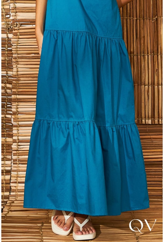 VESTIDO TRICOLINE COM MARIAS AZUL - AQUARELLA VESTIDO TRICOLINE COM MARIAS AZUL - AQUARELLA