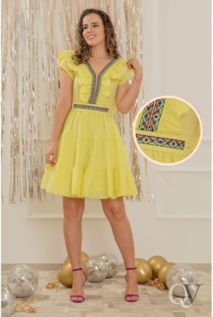 VESTIDO TRICOLINE DEC V COM BORDADO AMARELO - PURO SHARMY