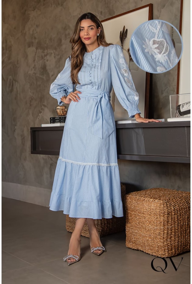 Vestido Longo Listrado Azul Vestido Blusão Listrado Vestido Longo