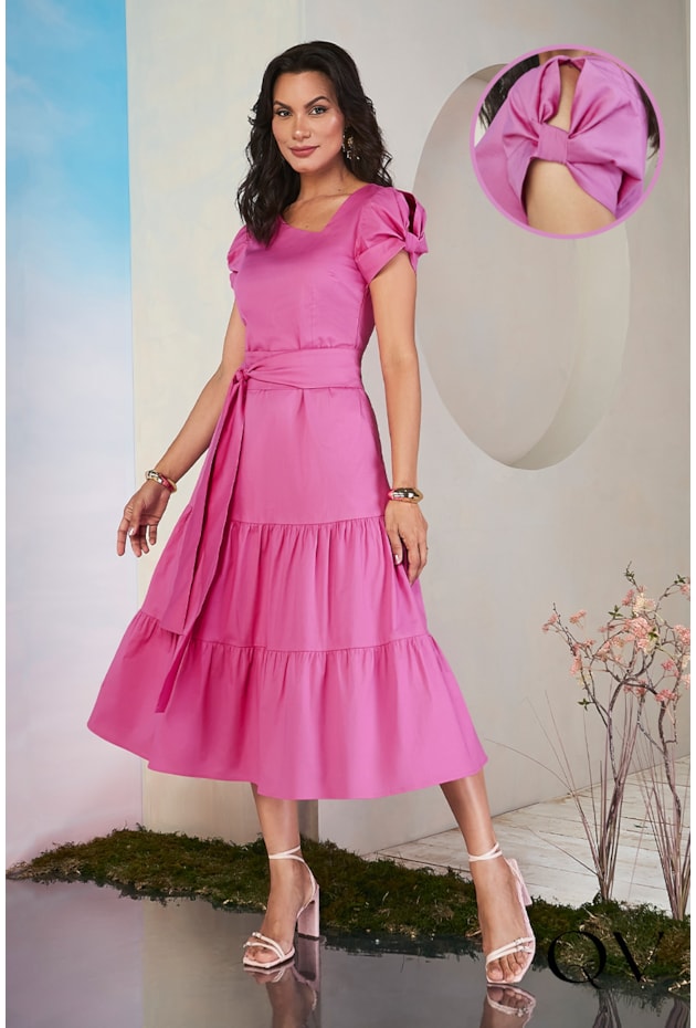 VESTIDO TRICOLINE MANGA LAÇO ROSA - JANY PIM VESTIDO TRICOLINE MANGA LAÇO ROSA - JANY PIM