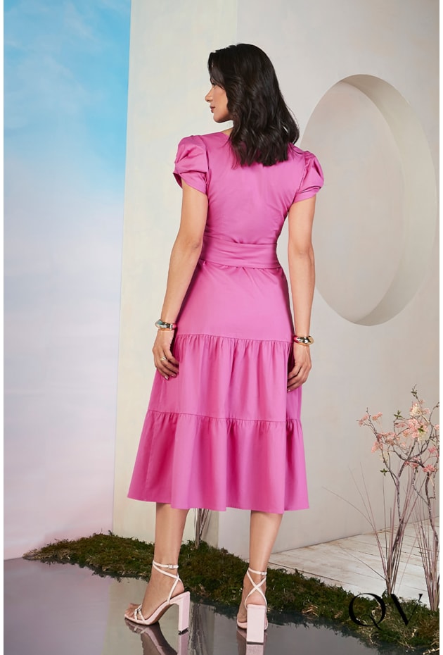 VESTIDO TRICOLINE MANGA LAÇO ROSA - JANY PIM VESTIDO TRICOLINE MANGA LAÇO ROSA - JANY PIM