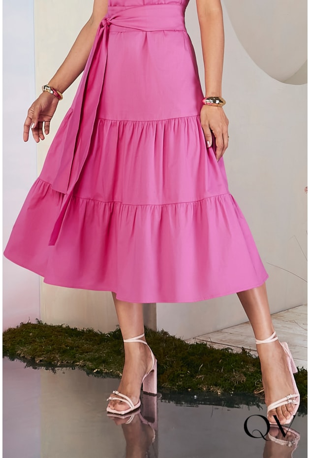 VESTIDO TRICOLINE MANGA LAÇO ROSA - JANY PIM VESTIDO TRICOLINE MANGA LAÇO ROSA - JANY PIM