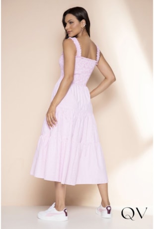 VESTIDO TRICOLINE MAXI MIDI LISTRADO ROSA - LEKAZIS