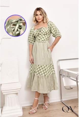 VESTIDO TRICOLINE VICHY COMPOSÊ VERDE - LUZIA FAZZOLLI
