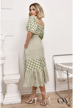 VESTIDO TRICOLINE VICHY COMPOSÊ VERDE - LUZIA FAZZOLLI