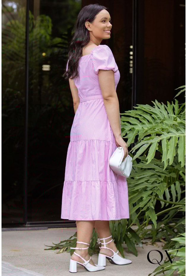 Vestido Tricoline Xadrez Vichy Rosa Jany Pim QVestido Moda