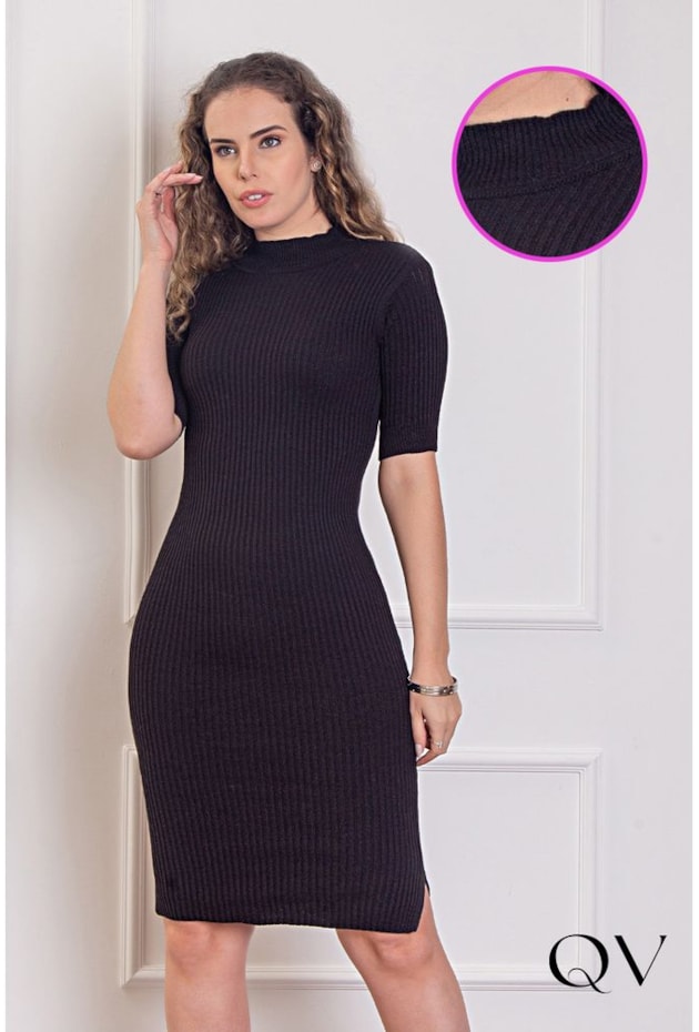 VESTIDO TRICOT GOLA ALTA PRETO - PURO SHARMY