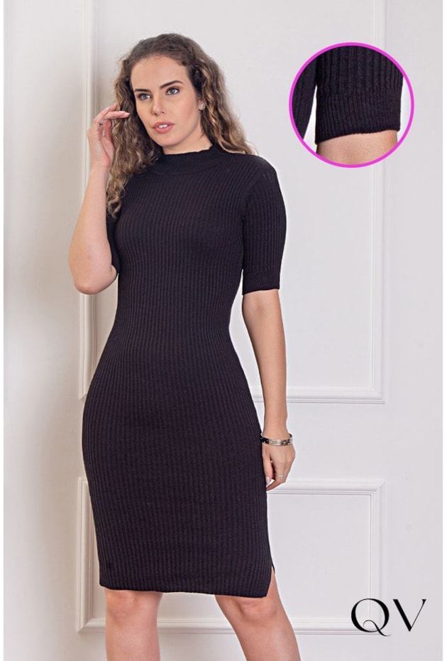 VESTIDO TRICOT GOLA ALTA PRETO - PURO SHARMY