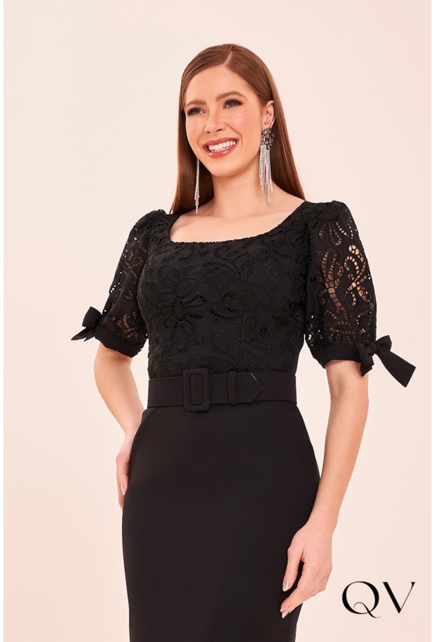 VESTIDO TUBINHO BORDADO RECHILIEU PRETO - FASCÍNIUS