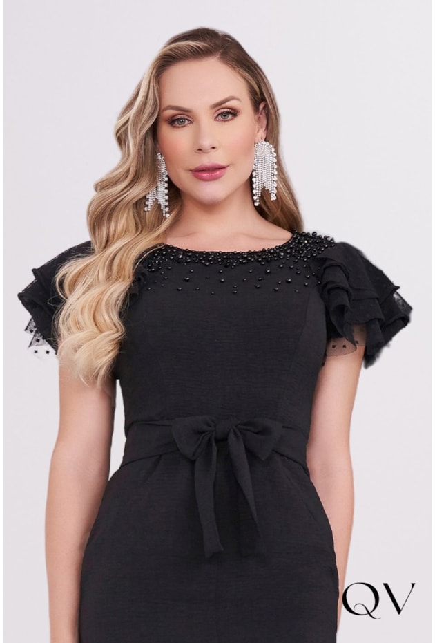 VESTIDO TUBINHO COM PÉROLAS PRETO - FASCÍNIUS