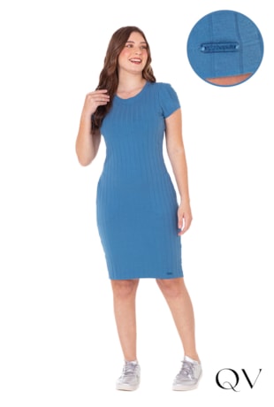 VESTIDO TUBINHO EM MALHA CANELADA AZUL - HAPUK