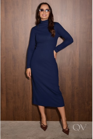 VESTIDO TUBINHO EM MALHA CANELADA AZUL - JANY PIM