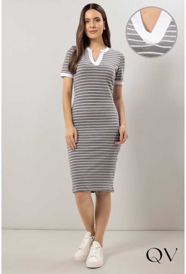VESTIDO TUBINHO EM MALHA LISTRADO CINZA - LAURA ROSA