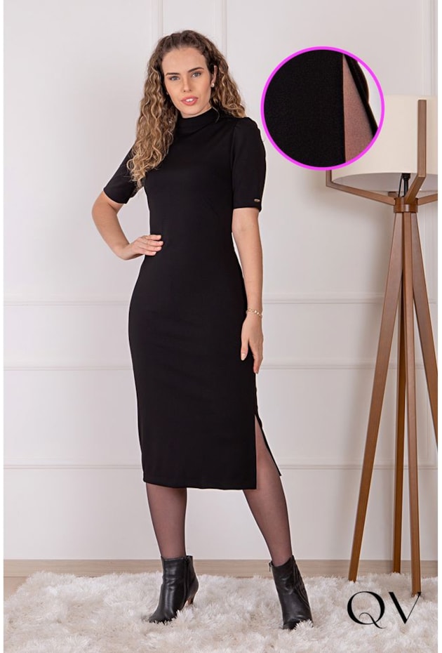 Gola Alta Vestidos Canelados 2018 Vestido Midi Vestido Preto