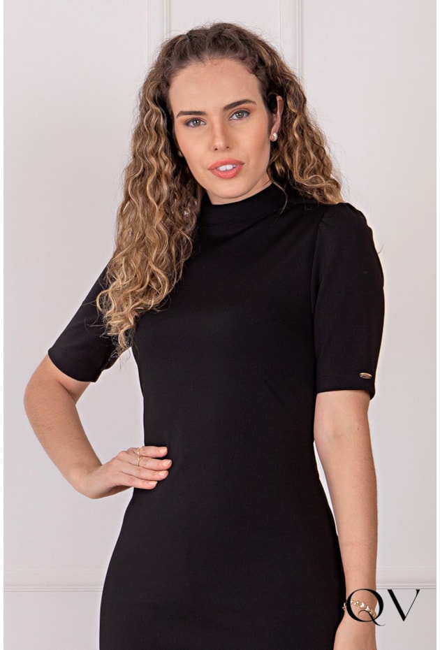 Vestido Tubinho Malha Gola Alta Preto Puro Sharmy Moda Evangélica
