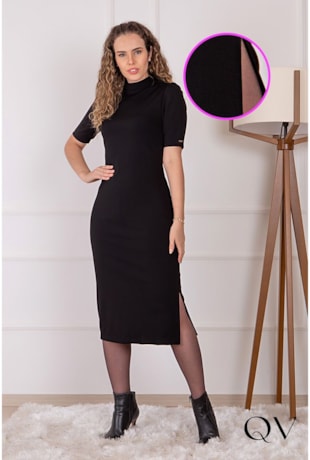 VESTIDO TUBINHO MALHA GOLA ALTA PRETO - PURO SHARMY