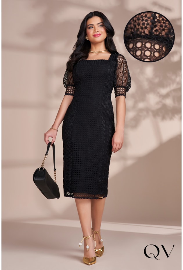 VESTIDO TUBINHO MIX DE GUIPIR PRETO - FASCÍNIUS VESTIDO TUBINHO MIX DE GUIPIR PRETO - FASCÍNIUS