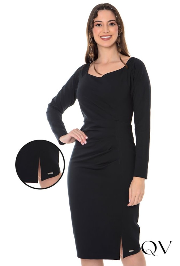 VESTIDO TUBINHO TRANSPASSE E FENDA PRETO - HAPUK