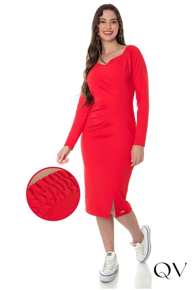 VESTIDO TUBINHO TRANSPASSE E FENDA VERMELHO - HAPUK